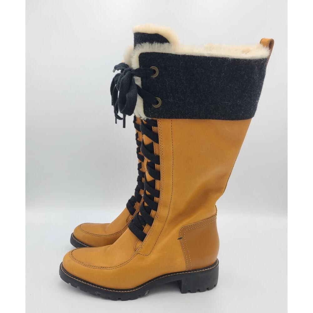 Cole Haan Henson Tall Leather Boots Camel Sherling Lace Up Lug Sole Size 6B - Picture 2 of 10